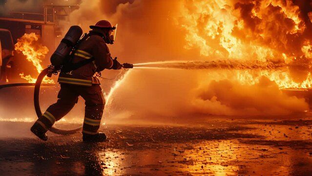 Firefighter responding to fire with water hose
