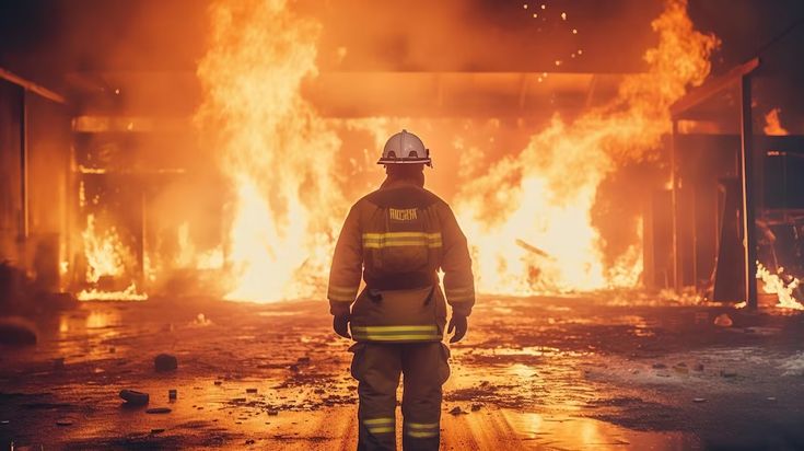 Firefighter facing intense blaze during emergency response