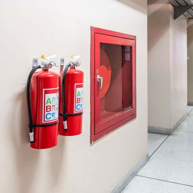 Red fire extinguishers in storage