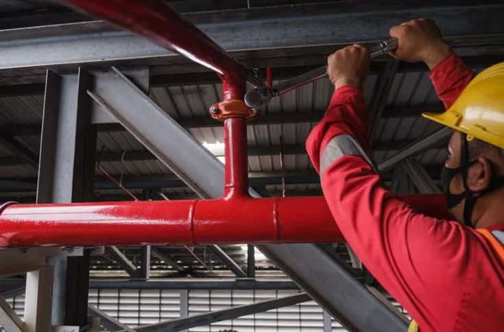 Technician installing fire protection piping system
